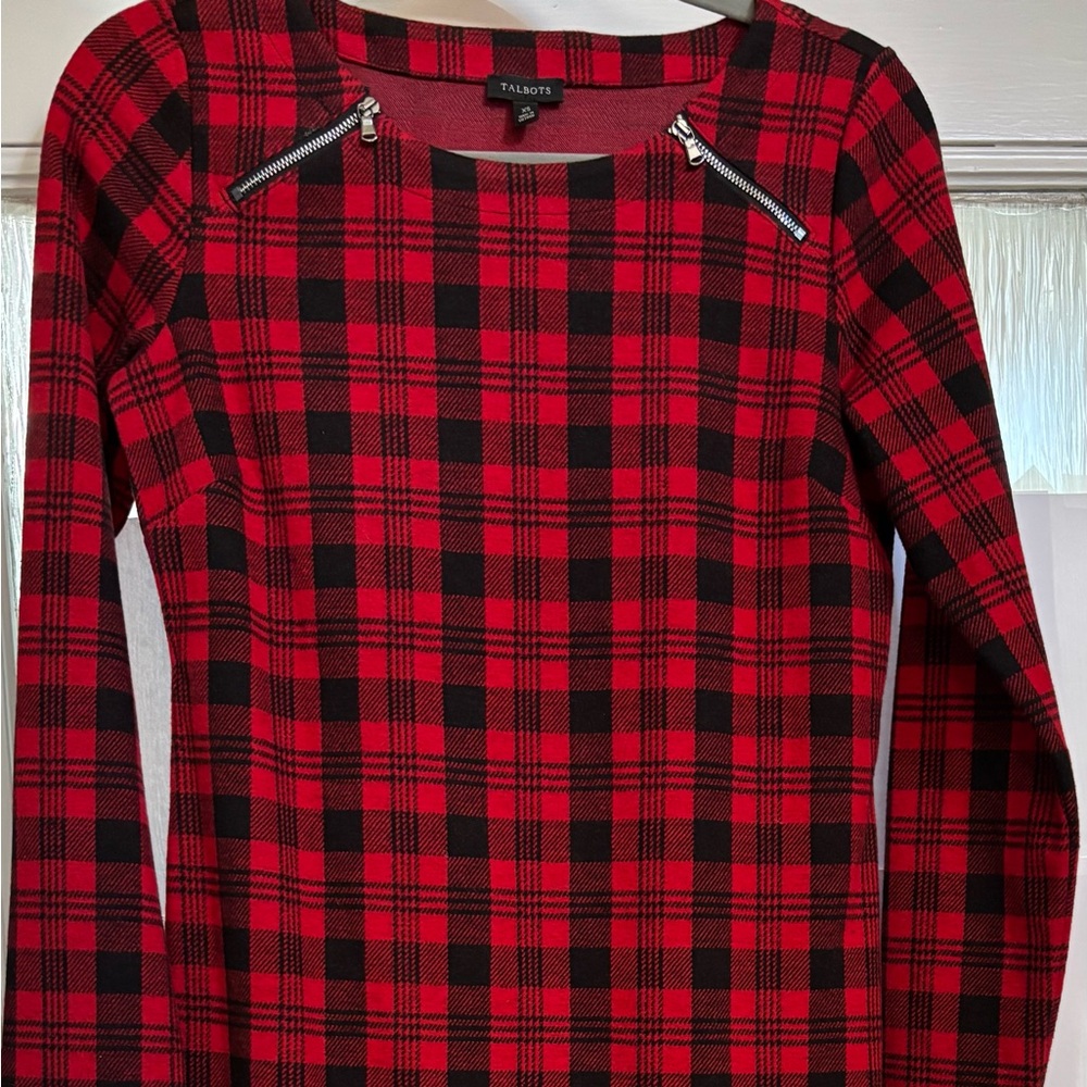 Talbots Red and Black Checkered long-sleeve, midi dress.